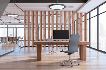 Poster - Bright wooden and concrete office interior with furniture, wooden flooring and mock up, windows with city view and sunlight. 3D Rendering.