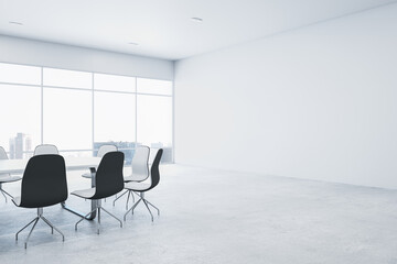 Aufkleber - Modern white meeting room interior with blank mock up place on wall, furniture and panoramic window with city view and daylight. 3D Rendering.