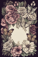 Fototapete - Colorful floral decoration illustration background template, creative arrangement of nature and flowers. Good for banner, wedding card invitation draft, greetings, and design element. Generative AI.