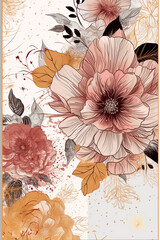 Fototapete - Colorful floral decoration illustration background template, creative arrangement of nature and flowers. Good for banner, wedding card invitation draft, greetings, and design element. Generative AI.
