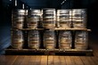 Metal beer barrels on a storage pallet. Generative AI