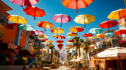 Sticker - Bunch of umbrellas that are hanging in the air over street.