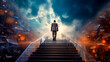 Man walking up flight of stairs towards sky filled with clouds.
