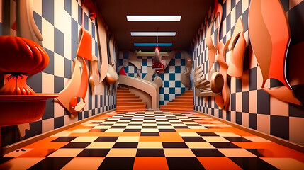 Sticker - Room with checkered floor and slide in the middle of it.