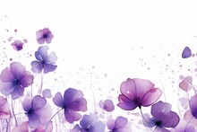 White Background With Isolated Purple Watercolor Flowers Creating A Seamless Border. Generative AI
