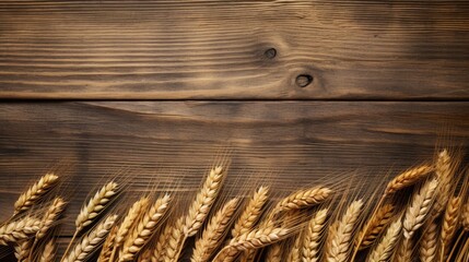 Ears of wheat on wooden background. Top view with copy space. AI generated Image