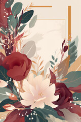 Fototapete - Colorful floral decoration illustration background template, creative arrangement of nature and flowers. Good for banner, wedding card invitation draft, greetings, and design element. Generative AI.