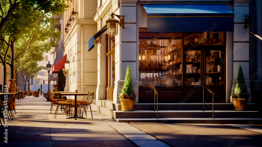 Street corner with tables and chairs and storefront with sign that says ...