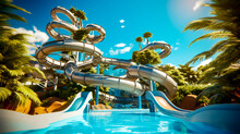 Water Park With Large Water Slide And Palm Trees In The Background.
