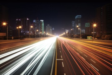 Wall Mural - In a bustling city, the highway turns into a blur of fast moving cars in bright night light.