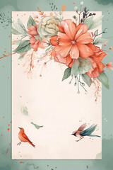 Fototapete - Colorful floral decoration illustration background template, creative arrangement of nature and flowers. Good for banner, wedding card invitation draft, greetings, and design element. Generative AI.