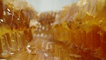 Honey Dripping From Honeycombs On A White Background, The Camera Gliding Between Them, Macro Dolly Shot.