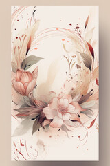 Fototapete - Colorful floral decoration illustration background template, creative arrangement of nature and flowers. Good for banner, wedding card invitation draft, greetings, and design element. Generative AI.