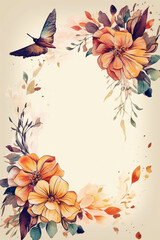 Fototapete - Colorful floral decoration illustration background template, creative arrangement of nature and flowers. Good for banner, wedding card invitation draft, greetings, and design element. Generative AI.