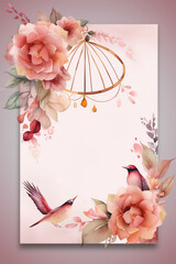 Fototapete - Colorful floral decoration illustration background template, creative arrangement of nature and flowers. Good for banner, wedding card invitation draft, greetings, and design element. Generative AI.