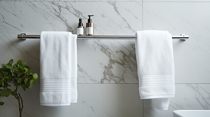 Wall Mural - White towel hanging on the wall in bathroom with white marble tile wall. Bathroom interior