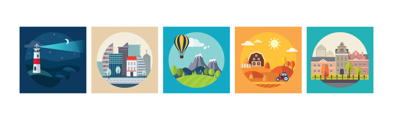 Wall Mural - Different Landscape and Scene View Icon Vector Set