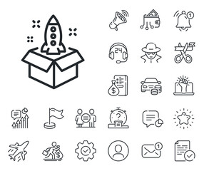 Poster - launch project sign. salaryman, gender equality and alert bell outline icons. startup line icon. out