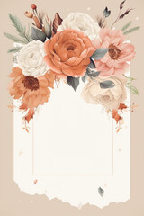 Fototapete - Colorful floral decoration illustration background template, creative arrangement of nature and flowers. Good for banner, wedding card invitation draft, greetings, and design element. Generative AI.