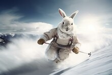 Rabbit Skiing In A Panoramic View. Generative AI