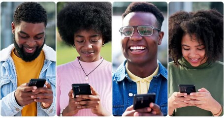 Phone, internet and diversity with a collage of people laughing at a meme or good news online. Mobile, social media or funny reaction with a montage of young men and woman reading a text message joke