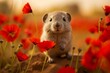 Plump gerbil on red flower, adorable. Generative AI