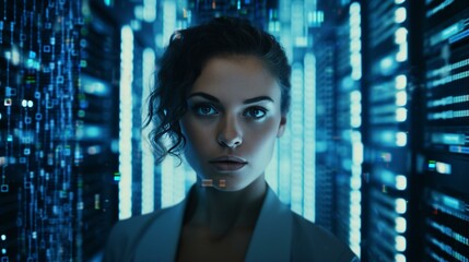A woman standing in front of a digital wall of data