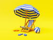 Beach chair, beach umbrella, beach ball, starfish and flip-flops on yellow background. 3d rendering of vacation gear
