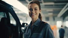 A woman in uniform standing next to a car