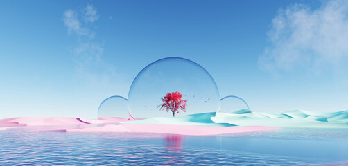 Wall Mural - 3d render Surreal dune landscape background with alone tree, abstract fantastic desert dune in seasoning landscape environment, panoramic, futuristic scene with copy space, blue sky and cloudy