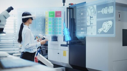 Fototapete - Female Engineer Wearing a Virtual Reality Headset and Operating a Heavy Industry Machine with Controllers at a Factory. Digital Visualization of a Technician Configuring Industrial Machinery with VR