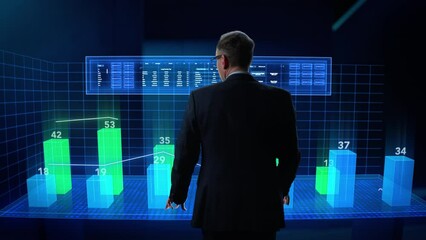 Fototapete - Businessman Working in a Minimalistic Digital Space. Manager Using a Virtual Touch Screen Hologram with Multiple Options, Generating Percentage Charts and Infographics Based on Financial Big Data