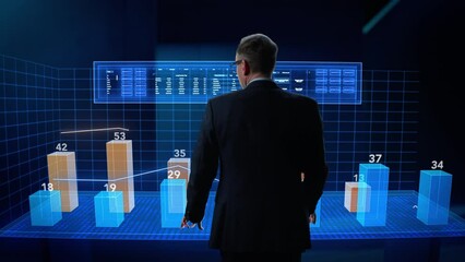 Fototapete - Business Metaverse and Virtual Space Concept: Businessman Operating an Augmented Reality Dashboard in Cyberspace. Specialist Touching the Hologram to Show Interactive Charts and Graphs with Statistics