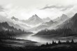An illustrated greyscale landscape with mountains to the east and west. Generative AI