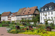France, Grand Est, Wissembourg, Park At Quai Anselmann With Historic Houses In Background