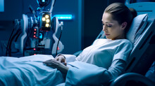 Woman Laying In Hospital Bed In Front Of Robot With Her Eyes Closed.