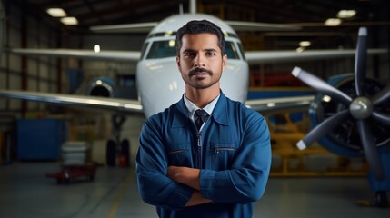 Portrait shot of an engineer standing in front of a passenger jet at a hangar.