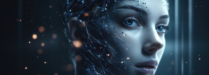 Poster - humanoid robot data network connection background. Generative Ai.