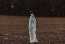 Woman Covered In White Sheet At Field