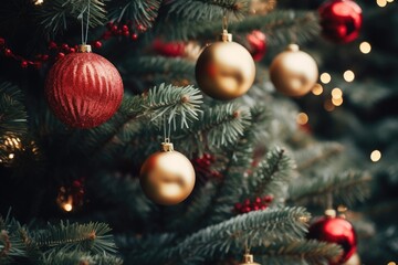 christmas tree branches with decorations close up