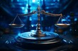 Justice themed image with a blue balance scale. Generative AI