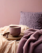 A Cozy And Inviting Setup With A Muted Mauve Background, Showing Autumn Leaves Casting Intricate Shadows On A Velvet Cushion, Adorned With Fluffy Knit Blankets And Warm Cups Of Cocoa,