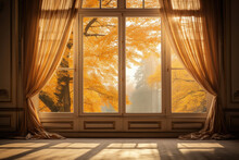 A Picturesque Autumn Landscape Viewed Through A Large Window, Framed By Warmtoned Curtains. The Soft And Diffused Sunlight Casts An Enchanting Glow Over The Room, While The Intricate Tree