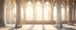 An ethereal scene of a medieval chapel flooded with soft, ethereal light filtered through tall arched windows. The light casts intricate shadow patterns on the delicately carved stone