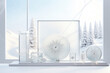 © Justlight - This scene depicts a calm and serene retro futurism product presentation, set against a cool winter landscape. The soft light peeks through frosted window panes, casting intricate snowflake
