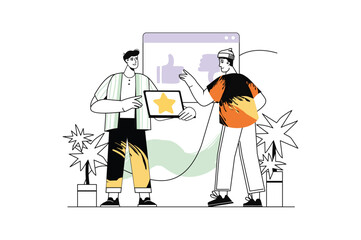 Aufkleber - Feedback linear concept with people scene in the flat cartoon design. The marketer collects feedback from customers about the company's new products. Vector illustration.