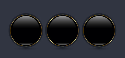 Three Buttons of Premium round black glossy Circle button, with Luxury gold ring frame vector illustration