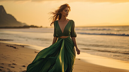 a beautiful woman in green dress walking on tropical beach at sunset. generative ai.