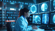 © tong2530 - An expert female neurologist deeply engrossed in examining brain scans, utilizing innovative medical technology for diagnosis on the computer screen. Generative Ai.