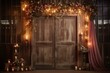 A barn door decorated with flowers, candles, and curtains, with lights and a window in the background. Generative AI
